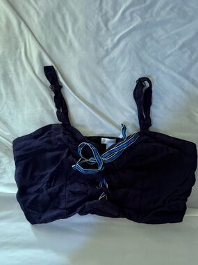 Xhilaration Navy Blue Drawstring Crop Top with Striped Accent